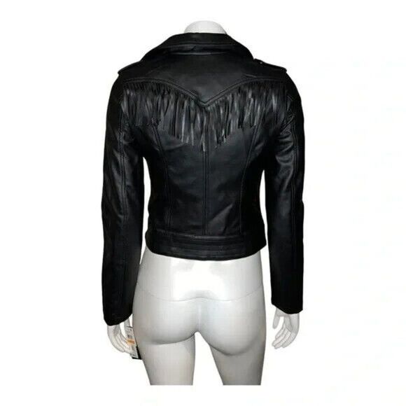 CoffeeShop Juniors Faux-Leather Fringe Moto Jacket Black Extra Small New - Picture 4 of 9